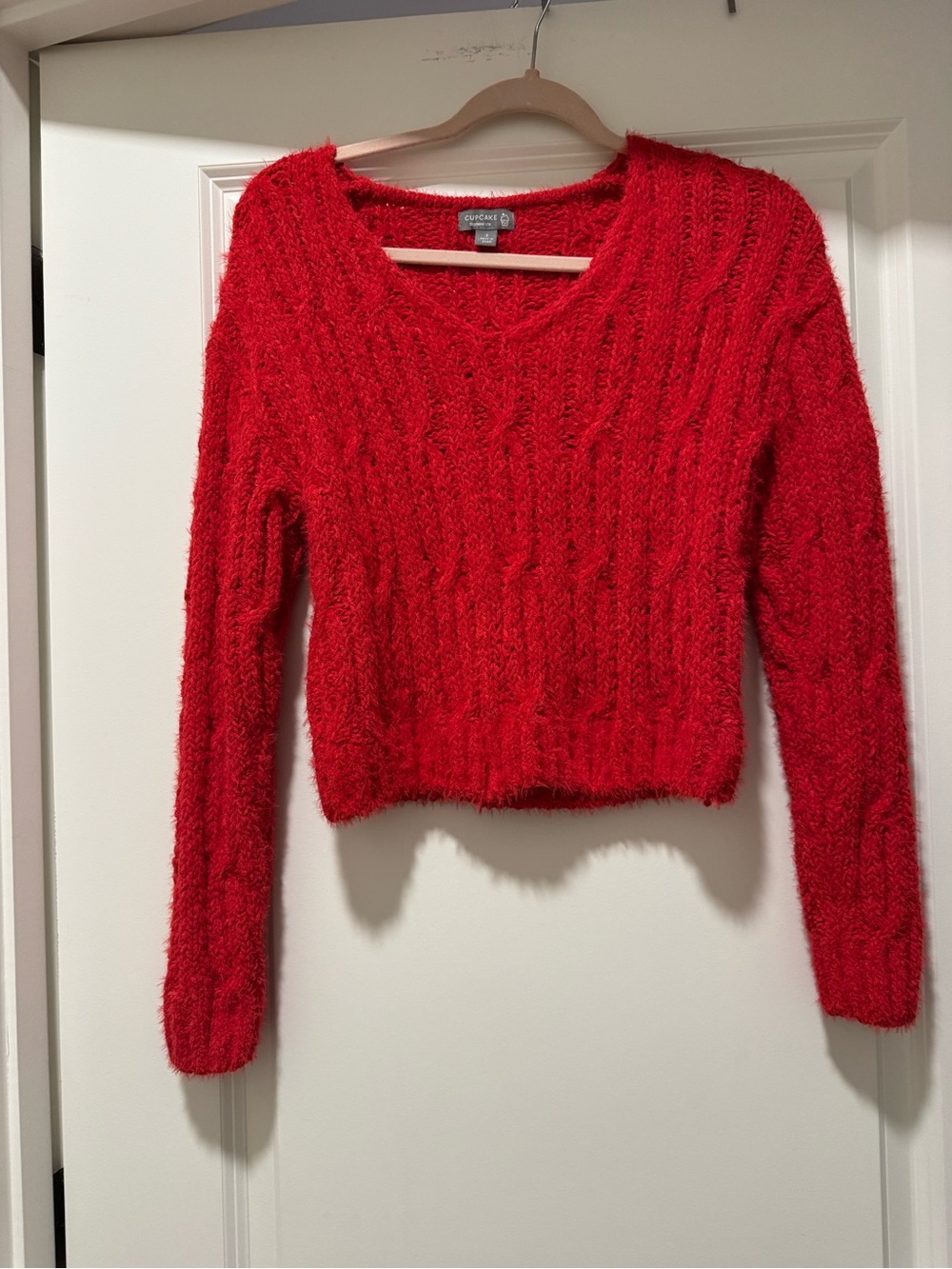 Cupcake Cozy V-Neck Cable Fuzzy Sweater - Red